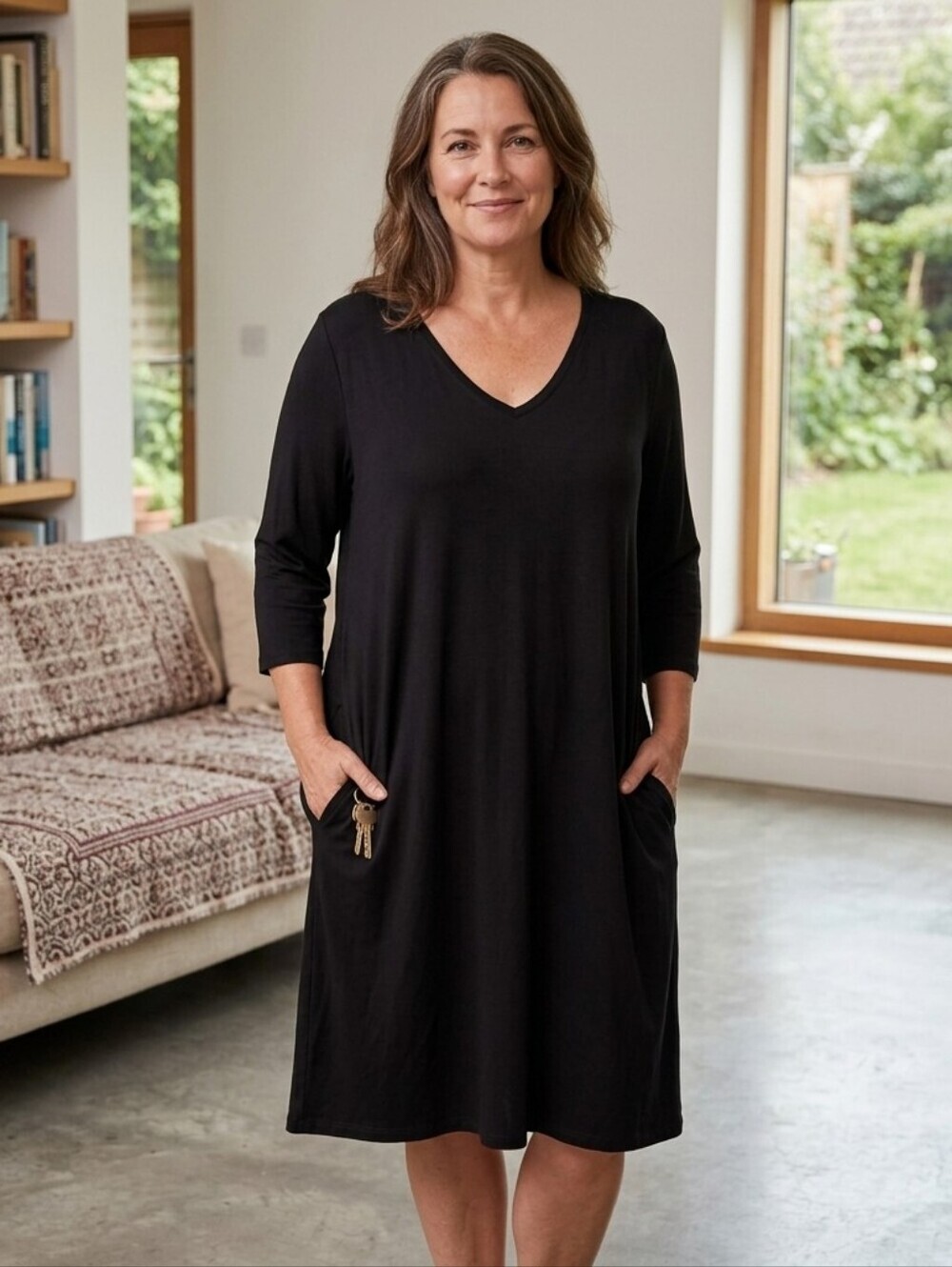Eileen Fisher Dress Black V-Neck Pockets Jersey A-Line Medium
